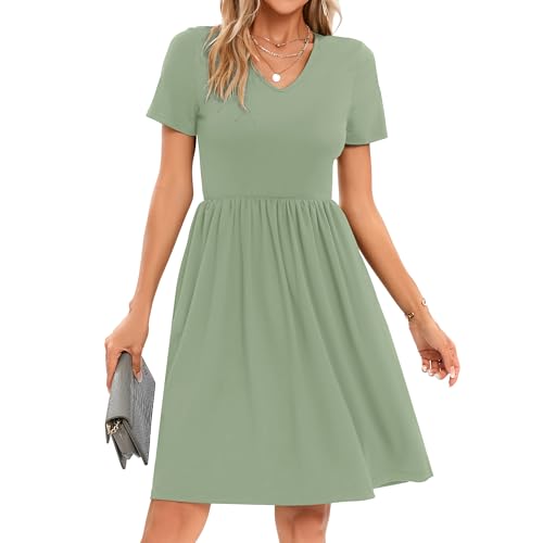 Image of Women's Spring Casual Short Sleeve A-Line Midi Loose Fit Teacher Dresses T-Shirt Flowy Work Travel Sundress with Pockets 2026