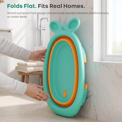 Image of R for Rabbit Bubble Double Finzy Baby Bath Tub Foldable for Kids 9 Months-3 Years | Womb Cocoon Bathtub Design | Anti-Skid Base | Quick Drain Plug | Space Saving Pool Bather with Tray (Green Orange)