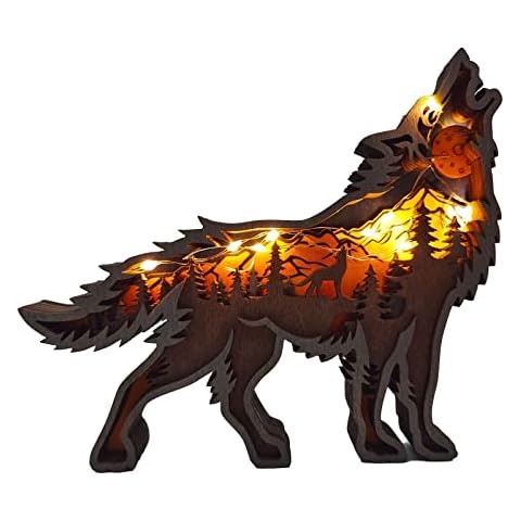 Yinuoday Howling Wolf Figurine Wooden Wolf Ornament Wolf Silhouette Decor Collectible Art Gifts with LED String Lights for Home Shelf Table Christmas Decor Cover