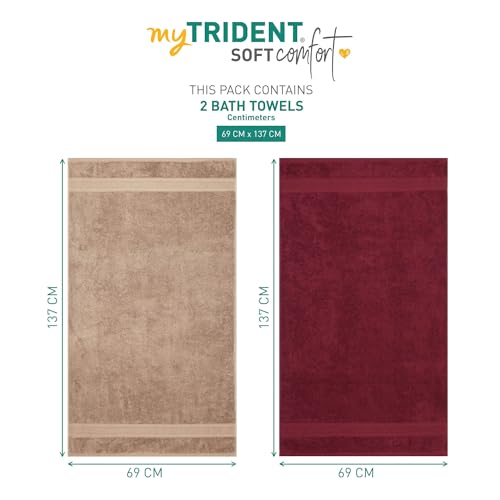 Image of MYTRIDENT Soft Comfort Air Rich 100% Cotton Towels for Bath, 500 GSM Large Size Bathroom Towels for Men /Women, 2PC Bath (69 cm x 137 cm), Acorn and Wine Red