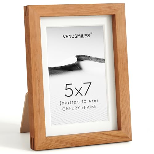 Image of 5x7 Picture Frame, USA-Sourced Natural Cherry Wood Photo Collage Frame with HD Tempered Glass, Modern Simple 5 x 7 Wooden Frame Matted to 4x6, Gallery Wall Frames for Art, Wall or Tabletop Display