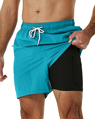 Silkworld Mens Swimming Trunks With Compression Liner 2 In 1 Quick-Dry Bathing Suits With Zipper Pockets Light Blue #TOP15