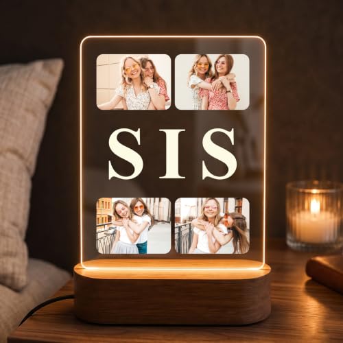 Image of Giftplease Personalised Sister Photo Frame - Custom Acrylic Picture Collage with Wooden LED Base, Unique Raksha Bandhan Gift for Sister, Personalized Keepsake for Rakhi, Best Sibling Desk Decor