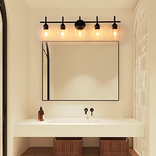 Image of foucasal Bathroom Light Fixtures, 5-Light Matte Black Vanity Light with Clear Glass Shade, Modern Wall Lights for Bedroom Hallway Living Room (Black, 5-Light)