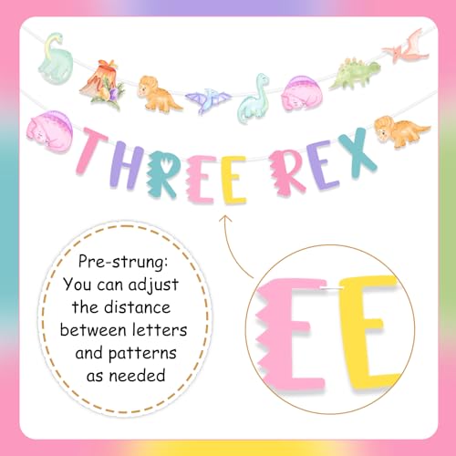 Image of Dinosaur 3rd Birthday Banner Garland Decorations for Girl, Three Rex Dino Theme Birthday Sign Banner Pastel Jungle Animal 3 Year Old Party Supplies