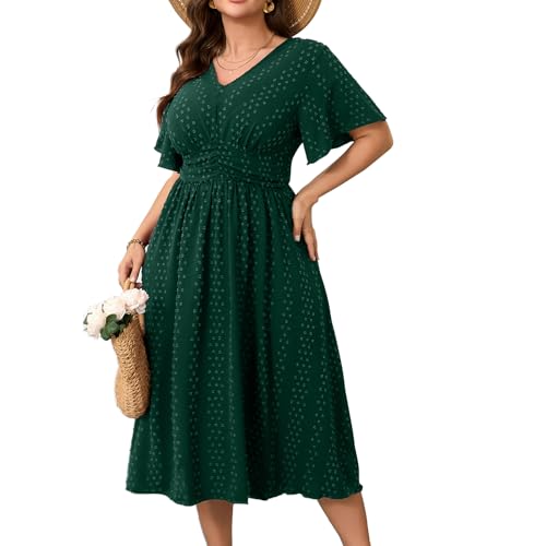 RWJ Women's Plus Size Maxi Dress Flutter Casual V Neck Swiss Dot Short Sleeve A Line High Waist Boho Swing Long Dresses 2025 Green