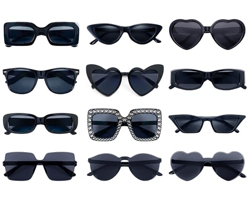 Matcheck 12 Pack Mixed Black Color Sunglasses Classic Retro Party Favors Eyewear Costume Accessories Bulk Glasses for Unisex Adult