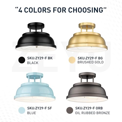Image of zeyu 12'' Industrial Semi Flush Ceiling Light, 2-Light Flush Mount Ceiling Lamp for Bedroom Dining Room, Metal Dome Shade in Black Finish, ZY29-F BK