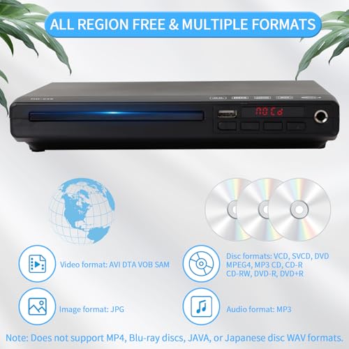 PopuLike Upgraded 1080P DVD Player for TV, Multi-Regional DVD & CD Player with Audio/Video Cable & Remote controller, Supports USB Playback, Compatible with MPEG4 MP3 Formats for Home Use