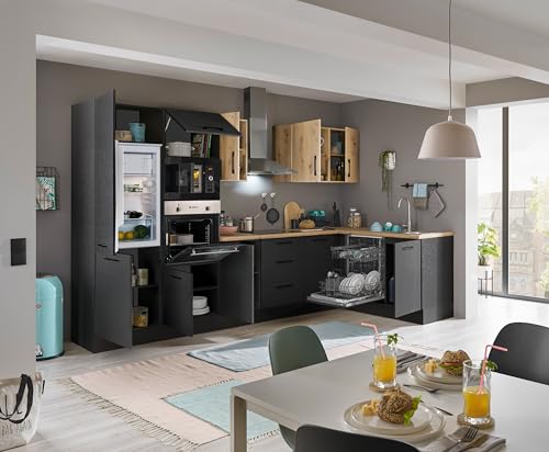 Turin LBM Eckküche 340 x 211 x 60 cm, schwarz - Ohne Küchengeräte - Moderne, geräumige Küche in Artisan-Eiche Optik mit viel Stauraum