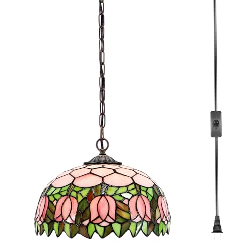 MQYXH Tiffany Style Plug in Hanging Lamp Pink Tulip Stained Glass 180 Inch
