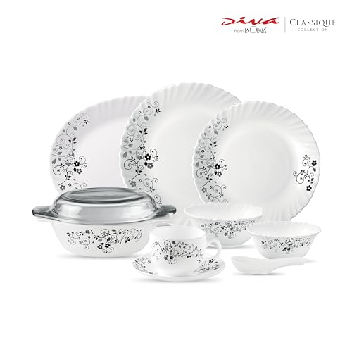 Image of La Opala Diva Classique Collection Opal Glass Crockery | for Family of 8 | Dinner Set 61 pcs Mystrio Black | Plates & Bowls for Dining | Microwave Safe | 100% Vegetarian | Extra Strong | White