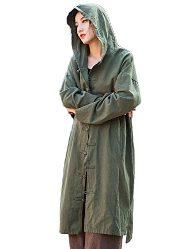 NFYM Women's Long Trench Coat Cotton Linen Hoodie Duster Jacket Long Sleeve Chinese Style Outwear with Pocket