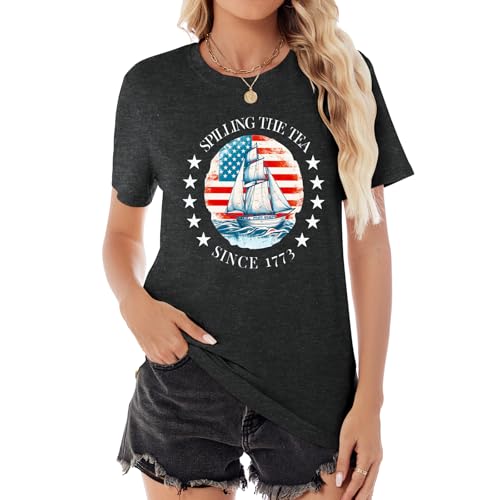USA Shirt American Flag Shirt Women 4th of July T Shirt Patriotic Tee Casual Short Sleeve Tops Dark Gray-01, Medium