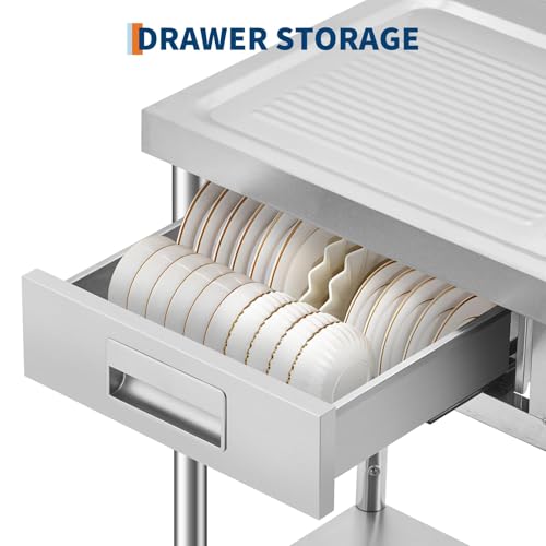 Image of Garvee Stainless Steel Utility Sink with Left Workbench & Drawer, Commercial Freestanding Sink with Faucet, Knife Rack, Storage Shelf & Adjustable Legs for Kitchen Garage Outdoor