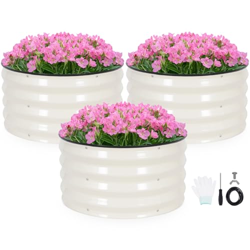 INNO STAG 3 Pcs Round Galvanized Raised Garden Bed — 2×2×1ft Planter Box Outdoor Raised Beds Kit for Gardening Vegetables, Fruits, Herbs, and Flowers, White