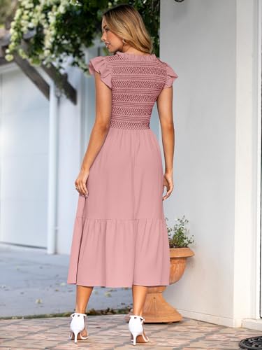 Image of Simplee Womens Summer Midi Dress Casual Boho Smocked Waist Flutter Sleeve A Line Flowy Tiered Dress with Pockets