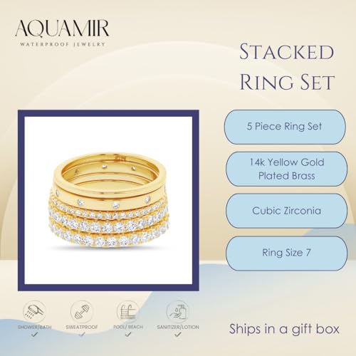 AQUAMIR Waterproof Stacking Ring Set 14K Yellow Gold Plated Brass Cubic Zirconia Band Rings for Women Five Piece Size 9 — view 3