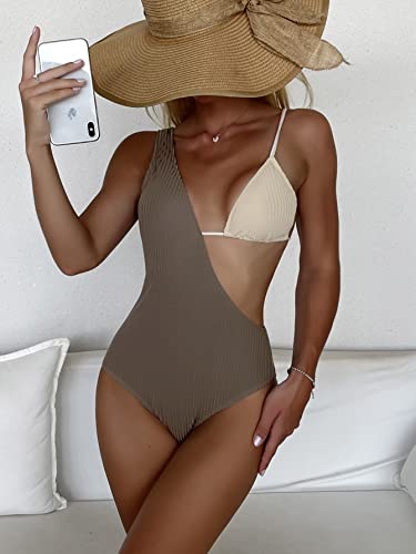 Romwe Women's Cutout Asymmetrical One Piece Swimsuit Color Block Bathing Suit Brown Beige Xs #TOP2