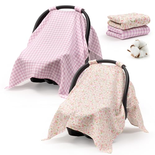 Image of SERAPHY Muslin Car Seat Cover Baby, Universal Carseat Covers Baby Girl Boy | 100% Muslin Cotton, Universal Fit, Breathable, Soft Infant Car Seat Canopy, For Boys and Girls, Sun & Wind Protection