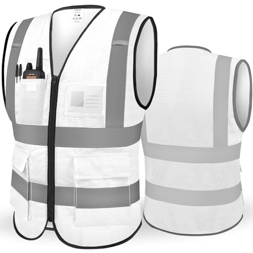 TICONN Chaleco de seguridad reflectante de alta visibilidad Clase II Chaleco de malla para mujeres y hombres cumple con las normas ANSI (1 paquete, blanco, XL), Blanco, X-Large, Blanco, XL