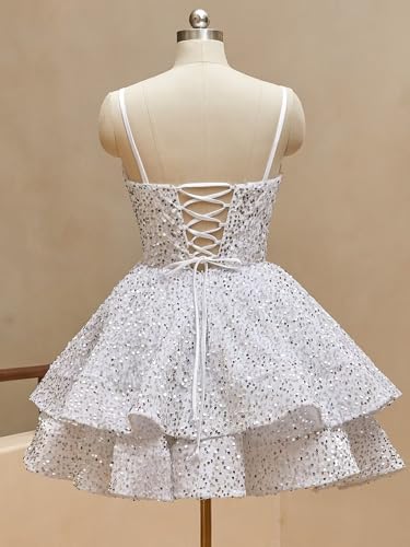Short Homecoming Dresses 2025 Sparkly Sequin Tiered Ball Gown Spaghetti Straps V-Neck Corset Prom Dress3
