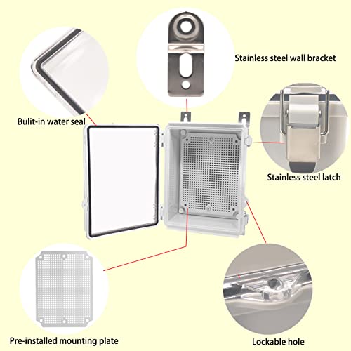 Yetlebox Waterproof Electrical Box With Mounting Plate 222X170X110Mm, Ip67 Junction Box Stainless Steel Latch Hinged Clear Cover Project Enclosure With Wall Bracket And 2 Glands 8.7"X6.7"X4.3" #TOP2