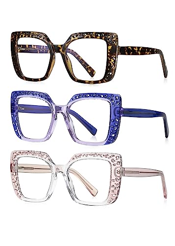 Image of ICARA 3 Pack Fashion Oversized Square Reading Glasses for Women, Retro Celebrity Style Blue Light Blocking Computer Readers