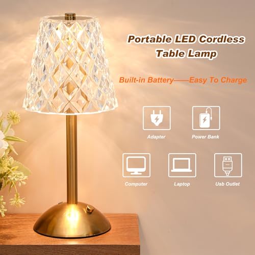 Image of Liliful 1 Pcs Cordless Table Lamp Rechargeable Touch LED Small Gold Portable Battery Operated USB-c Desk Lamp 3 Color Dimmable for Bedroom Living Room Dining (Gold,Diamond Style)