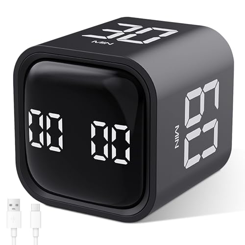 Cuteefun Cubo Temporizador, Pomodoro Timer Rotativo, 5/10/30/60 Minutos y Cuenta Atrás Personalizada, Temporizador Digital con Vibración, Alerta Sonora Ajustable para Cocina, Estudio, Reunión, Negro