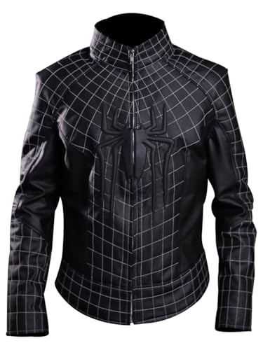 Men's Black and White Spider Logo Leather Jacket – Superhero Inspired Biker Style – Faux Leather Outerwear