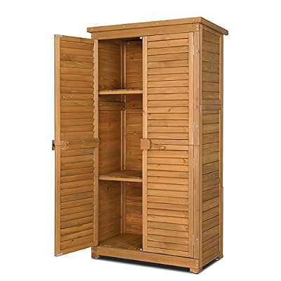 Outvita Outdoor Storage Cabinet, 63in Wooden Garden Tools Shed with 2 Lockable Doors, 3 Adjustable Shelves, Waterproof Roof for Yard Garge Patio Deck Porch, Natural