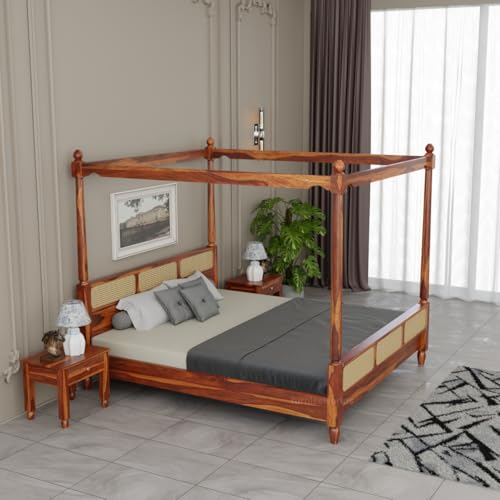 Image of Sheesham Wood King Size Poster Bed Four Poster Bed for Bedroom Solid Wood Double Bed Rattan Canopy Bed Cot Rattan-Honey-King