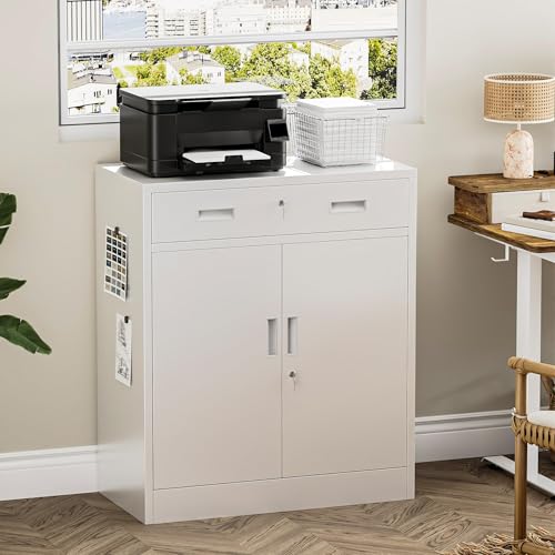 Image of Metal Storage Cabinets with Drawer, 36 inch H Lockable Storage Cabinet with Doors and Adjustable Shelves, Small White Steel File Cabinet for Home, Office, Warehouse, School, Assembly Required