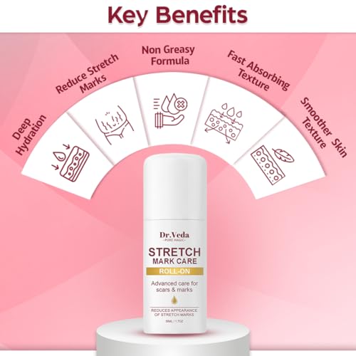 Image of Dr. Veda Stretch Mark Care Roll-On for Women - Skin Repair & Elasticity Booster with Green Tea & Licorice for Stretch Marks, Scars & Smooth Skin | 100% Natural Formula, 30 ml each Pack of 2