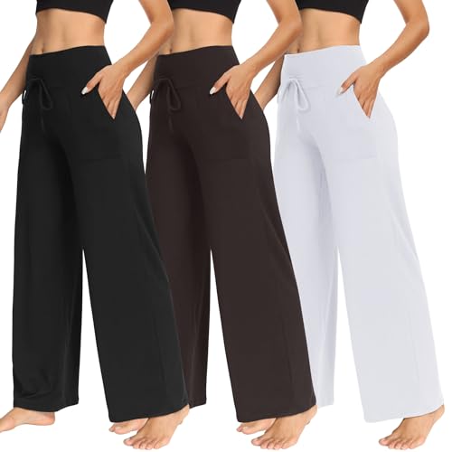TNNZEET 3 Pack Women's Wide Leg Pants with Pockets - Casual Loose Yoga Trouser Pants Sweatpants Palazzo Lounge Pajama Pants