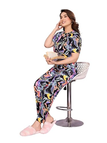 Image of VJ Fashion Women's Cotton Lycra Printed & Knitted Round Neck Night Wear Set of Top and Pazama