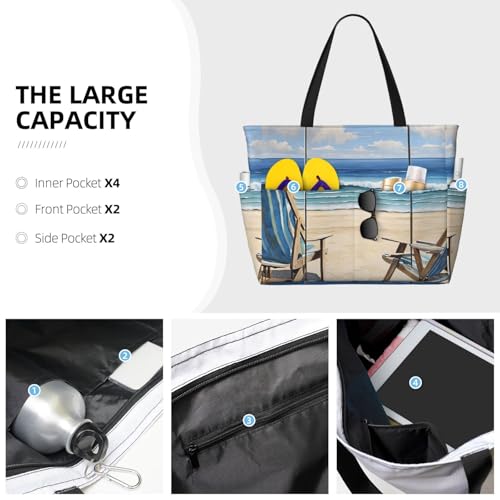 (beach scene with chairs) Large Beach Tote Bag for Women Waterproof Sandproof Travel Shoulder Bag with Pocket for Pool Vacation Weekend Gym3