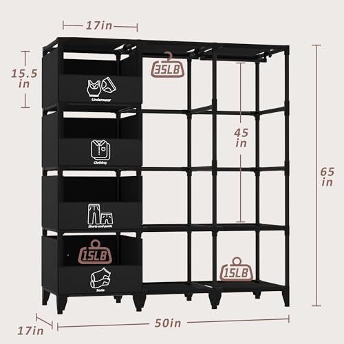 Portable Closet, Easy Assembly, Large Capacity Wardrobe Closet, Sturdy and Stable Clothes Rack with Shelves 4 Storage Baskets and 2 Hanging Rods, for Bedroom and Cloakroom Black - Image 4