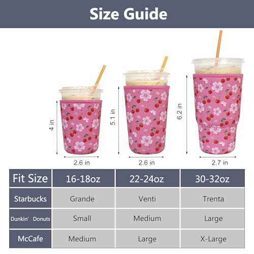 Image of 3 Pack Reusable Iced Coffee Sleeves - Xumbtvs Insulator Sleeve for Cold Beverages, Neoprene Coffee Cup Holder (Cherry blossom)