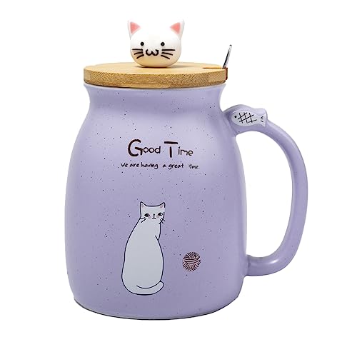 lachineuse - Tasse Kawaii 450ml - Grande Tasse Chat avec Couvercle & Cuillère - Mug à Infusion, Thé & Café - Tasse Originale Japonaise - Idée Cadeau Japon Asie - Kitty Mignon - Coloris Mauve Violet