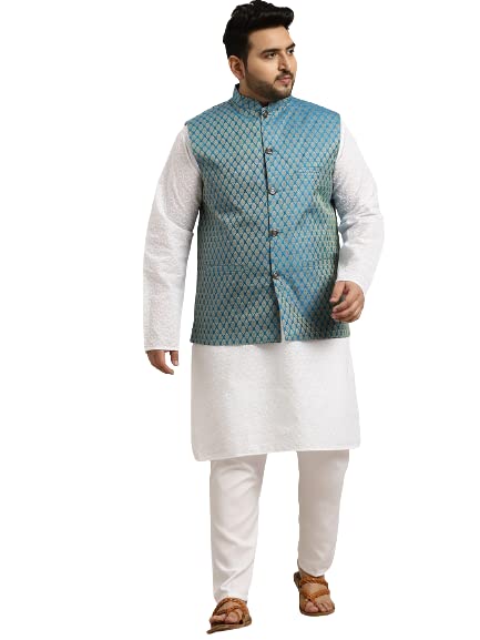 Image of SOJANYA (Since 1958) Men's Silk Blend Dark Green Kurta & Silk Blend Nehrujacket With Off White Churidar Pyjama Set