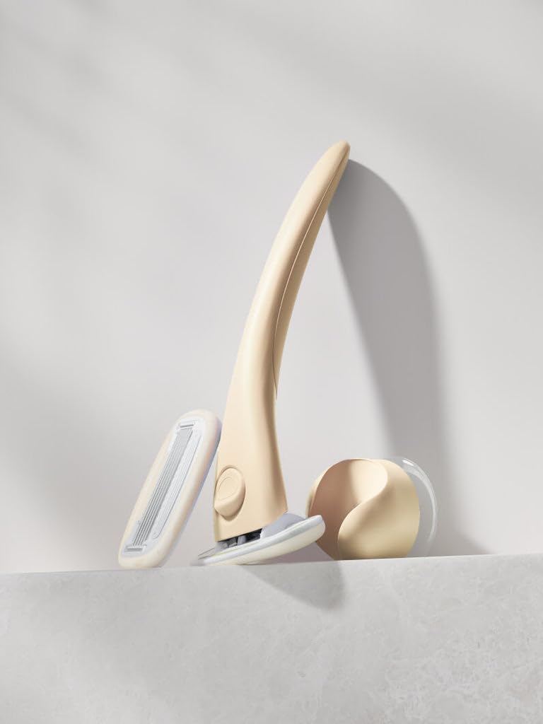 Estrid Juego de navaja de afeitar para mujer con sistema de 5 cuchillas, tiras de humedad veganas, 2 cuchillas de repuesto, soporte de pared (Fawn)