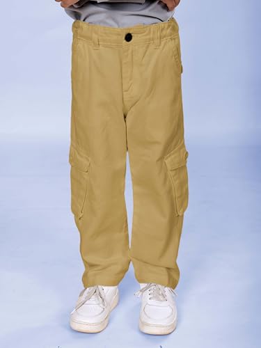 Image of KiddoPanti Boys Cargo Pants | 100% Cotton Twill | Comfortable Regular Fit | Elastic Waistband & Zip Fly | 6 Pocket Lower for Kids | Full-Length Casual Wear