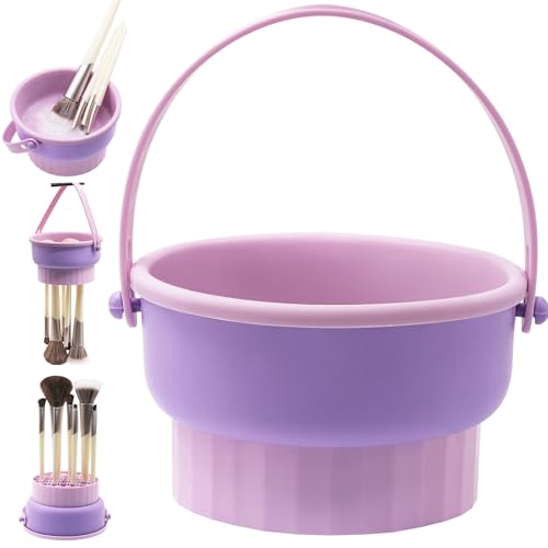 Embagol Makeup Brush Cleaner Mat Brush Cleaner Bowl For Deep Cleaning Tools 3 in 1 Cleaning Tool Makeup Organizer Storage for Brushes Powder Puffs and Sponges(Purple)