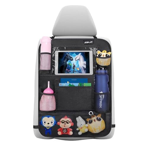 Ezilif Auto Rückenlehnenschutz Kinder, Wasserdicht Sitzschutz Auto Organizer mit 12 Zoll Tasche für iPad/Tablet, Autositz Organizer mit Kick-Matten-Schutz, Schwarz