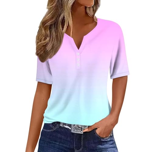 Camiseta feminina gradiente abotoada 2024 verão elegante gola V Henley blusa solta casual manga curt
