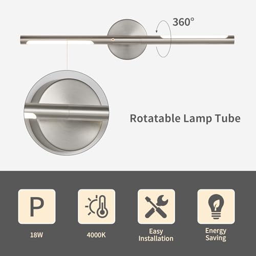 Image of Luafac 360Rotatable Bathroom Light Fixtures- 24 Inch,18W Dimmable Led Vanity Lights Over Mirror,4000K Morden Picture Lights for Wall, Nickel Bathroom Sconces(Horizontal & Vertical)