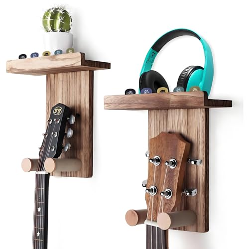 Homeily Pack de 2 soportes de pared de madera para guitarras acústicas con estante para guitarra acústica, bajo, guitarra eléctrica, ukelele.