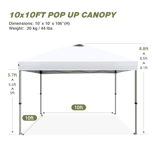 HYPER VENTURE 10x10ft Pop Up Canopy Tent with One Push Setup, White - Image 2
